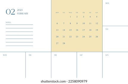 Febrero de 2023 diseño simple digital e imprimible ilustración de plantilla de calendario. Notas, programador, diario, calendario, nota, fondo de plantilla de documento del planificador. 