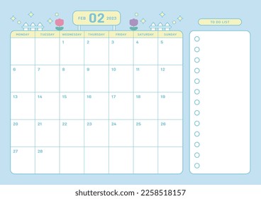 February 2023 simple design digital and printable calendar template illustration. Notes, scheduler, diary, calendar, memo, planner document template background. 