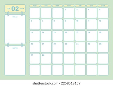 February 2023 simple design digital and printable calendar template illustration. Notes, scheduler, diary, calendar, memo, planner document template background. 