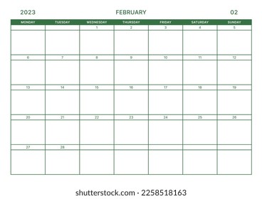 February 2023 simple design digital and printable calendar template illustration. Notes, scheduler, diary, calendar, memo, planner document template background. 