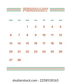 February 2023 simple design digital and printable calendar template illustration. Notes, scheduler, diary, calendar, memo, planner document template background. 