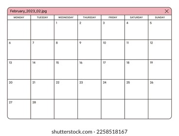 February 2023 simple design digital and printable calendar template illustration. Notes, scheduler, diary, calendar, memo, planner document template background. 