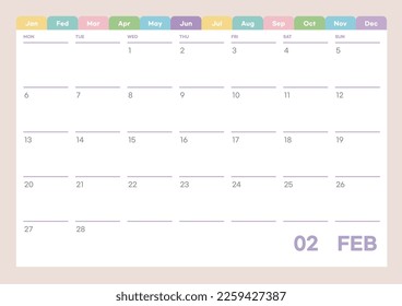 February 2023 simple design digital and printable calendar template illustration. Notes, scheduler, diary, calendar, memo, planner document template background. 