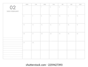 Februar 2023 einfache Design digital und druckbar Kalendervorlage Illustration. Hinweise, Planer, Tagebuch, Kalender, Memo, Planer-Dokumentvorlagenhintergrund. 