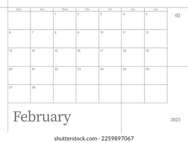 February 2023 simple design digital and printable calendar template illustration. Notes, scheduler, diary, calendar, memo, planner document template background. 