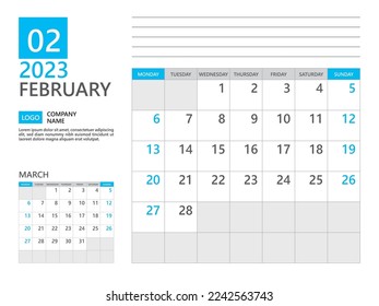 February 2023 template, Calendar planner 2023, week start on Monday, Desk calendar 2023 year, simple planner and clean design, Wall calendar design, Corporate planner template, Business template