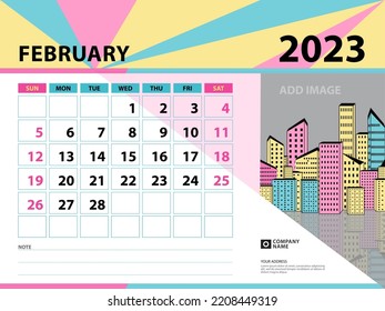 February 2023 template - Calendar 2023 year design, Desk calendar 2023 year, Planner, Week starts on Sunday, Wall calendar design, Stationery design, vintage background vector eps10