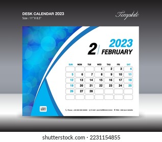 February 2023 template- Desk Calendar 2023 year template, wall calendar 2023 year, Week starts Sunday, Planner design, Stationery design, flyer design, printing media, blue curve backgrund vector