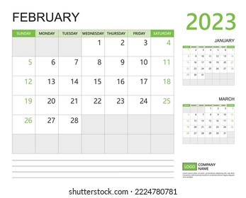 February 2023 year, Calendar planner 2023 template, week start on Sunday, Desk calendar 2023 design, simple and clean design green background, Wall calendar, Corporate design planner template vector