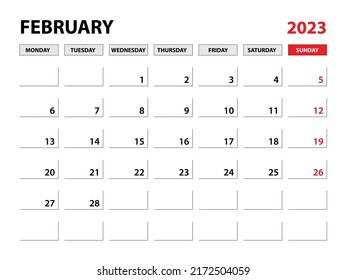 February 2023 year planner template, calendar 2023 template, monthly and yearly planners. organizer diary. week start monday, corporate planner template, Desk calendar 2023, Horizontal layout, vector
