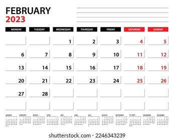 February 2023 year planner template, calendar 2023 template, monthly and yearly planners. organizer diary. week start monday, corporate planner template, Desk calendar 2023, Vector illustration