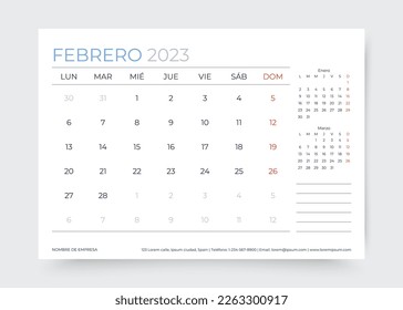 February 2023 year Spanish calendar. Planner calender layout. Week starts Monday. Spain monthly organizer. Timetable template. Table schedule grid. Vector simple illustration. Paper size A5