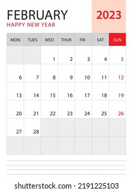 February 2023-Calendar 2023 template vector on red background, week start on monday, Desk calendar 2023 year, Wall calendar design, corporate planner template, Stationery, organizer diary, vector