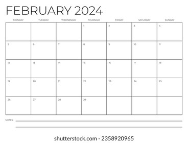 February 2024 A4 Calendar Template. Monday to Sunday. Blank Calendar. Stationery design. Vector illustration.