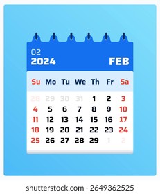 February 2024 calendar. Blue calendar portrait. 2024 Weekend at sunday and saturday. Clean template. Date of monthly calendar feb 2024. Vector illustration
