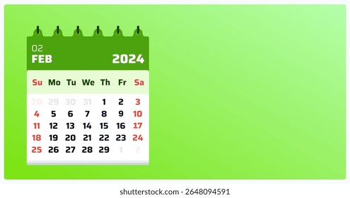 February 2024 calendar. Green calendar landscape. 2024 Weekend starts on sunday. Monthly calendar layout for February 2024. Vector illustration.