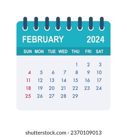 February 2024 Calendar Leaf. Calendar 2024 in flat style. Vector stock illustration