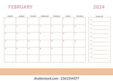 February 2024 calendar. Monthly planner template. Sunday start. Vector design