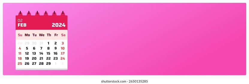 February 2024 calendar. Pink and red calendar ads. 2024 Weekend starts on sunday and saturday. Template layout. Date of february calendar 2024. Vector illustration.