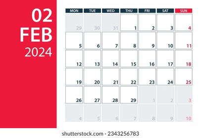 February 2024 Calendar Planner - Vector. Template Mock up