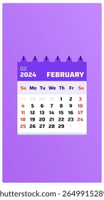 February 2024 calendar. Purple calendar story. 2024 Weekend on sunday and saturday. Monthly layout. Date of calendar february 2024. Vector illustration.