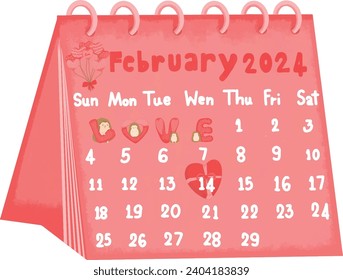 February 2024 calendar is red and the 14th is Valentine's Day.