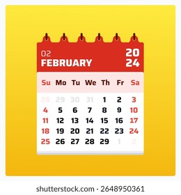 February 2024 calendar. Red calendar square. 2024 Weekend includes saturday and sunday. Monthly layout design. Calendar grid for February 2024. Vector illustration.