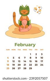 February 2024. Calendar sheet with a cute cat in a dragon costume holding a gift for February 14th. Cartoon vector illustration.