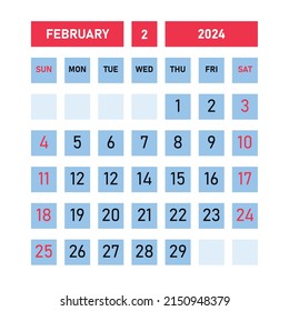 February 2024 calendar template design. Desktop calendar in simple style. Corporate or business calendar. English vector calendar.
Sunday is at the beginning of the week.