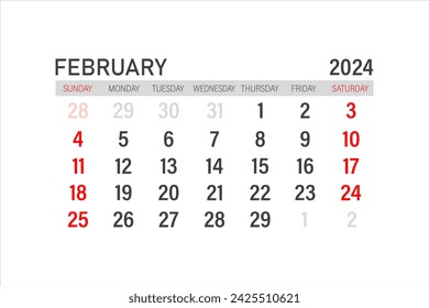 February 2024 calendar template. Layout for February 2024. Printable monthly planner. Desk calendar design. Start of the week on Sunday.