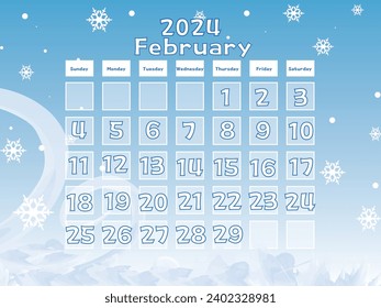 February 2024 Calendar Vector Illustration. Calendar Vector Template. Design with blue and white colors. Winter concept 2024 February calendar with snowflakes and ices.