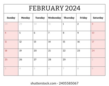 February 2024 ENGLISH month calendar. Vector printable illustration. Monthly planning for your business events