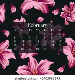 February 2024 floral calendar of pink summer lily buds and lily petals for planners, notebooks and calendars