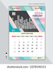 Layout Februar 2024, Wandkalender 2024 Vorlage pastellfarbene Hintergründe, Design des Desk-Kalenders 2024, Plakat, Planer, Kalenderdatum, Woche beginnt am Sonntag, Schreibtisch, vertikale Seite, Vektorgrafik
