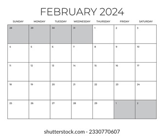 Calendario de Office de febrero de 2024, plantilla de calendario en blanco, planificación mensual de la oficina en el hogar, calendario de tamaño de carta