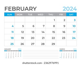 February 2024 page, Calendar 2024 template, Desk calendar 2024 year, planner design, Wall calendar, week starts on sunday, stationery design, Desk office, organizer office, vector eps10