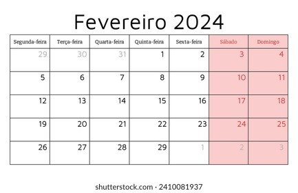 Calendario portugués de febrero de 2024. Ilustración vectorial. Planificación mensual de su negocio en Portugal
