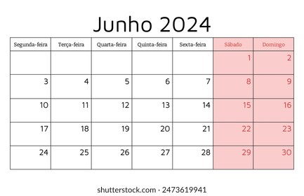 Calendario portugués febrero 2024. Ilustración vectorial. Planificación mensual para su negocio en Portugal
