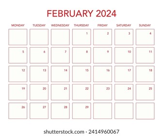 Februar 2024 einfacher Kalender horizontal