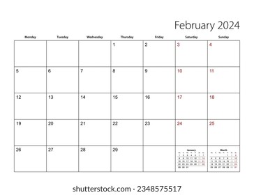 February 2024 simple calendar planner, week starts from Monday. Vector calendar planner.