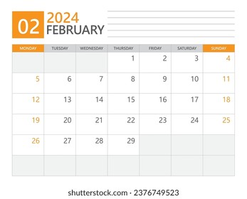 February 2024 template, Calendar planner 2024, week start on Monday, Desk calendar 2024 year, simple planner and clean design, Wall calendar design, Corporate planner template, print media vector