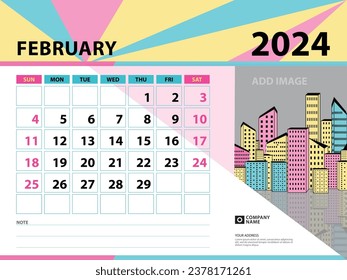 February 2024 template - Calendar 2024 year design, Desk calendar 2024 year, Planner, Week starts on Sunday, Wall calendar design, Stationery design, vintage background vector eps10