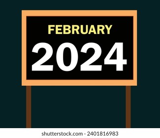 February 2024 text with board vector design isolated on dark background.