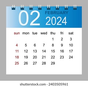 February 2024. Vector monthly calendar template 2024 year in simple style for template design. Week starts from Sunday.
