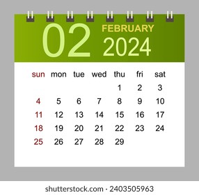 February 2024. Vector monthly calendar template 2024 year in simple style for template design. Week starts from Sunday.