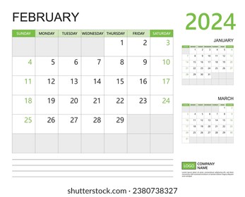 February 2024 year, Calendar planner 2024 template, week start on Sunday, Desk calendar 2024 design, simple and clean design green background, Wall calendar, Corporate design planner template vector