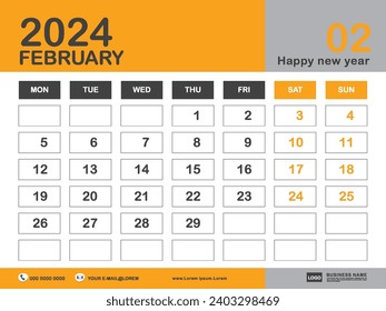 February 2024 year, Calendar 2024 template, week start on monday, Desk calendar 2024 design, simple, Wall calendar, Corporate design planner template vector, printing media, yellow background