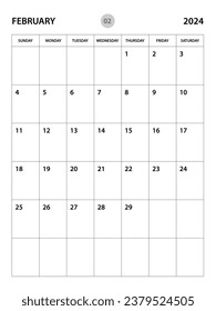 February 2024 year planner template, calendar 2024 desgin, monthly and yearly planners. organizer diary. week start Sunday, corporate planner template, Desk calendar 2024, vertical layout, vector