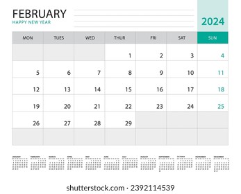 February 2024-Calendar 2024 template vector on green background, week start on monday, Desk calendar 2024 year, Wall calendar design, corporate planner template, Stationery, organizer diary, vector