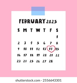 February 2025. Calendar design. Paper note. Hand drawn vector illustration on pink background.